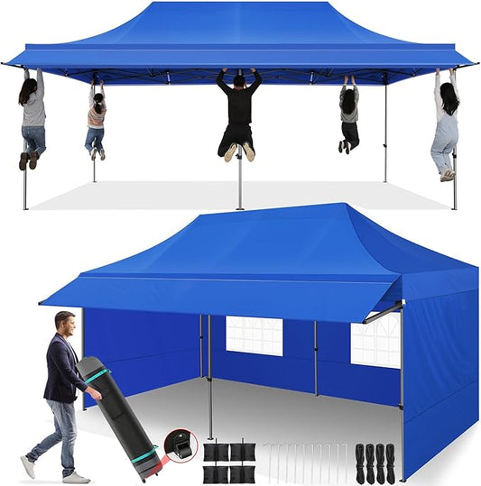 COBIZI 10x20 Pop Up Canopy Tent with Awning,Heavy Duty Canopy UPF 50+ All Season Wind Waterproof Commercial Outdoor Street Vendors Party Tents for Parties Canopy with Roller Bag(10 x 20 ft Blue)