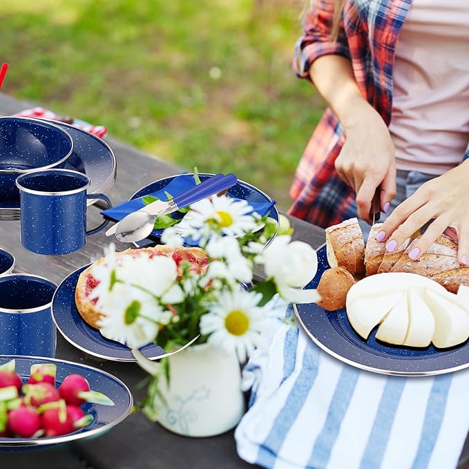 Nuogo 12 Pcs Enamel Camping Tableware Set Dinnerware Kit Includes 12 oz Coffee Mugs Camping Plates Bowls and Utensils Set with Knife Fork Spoon for 2 People Hiking Picnic Outdoor