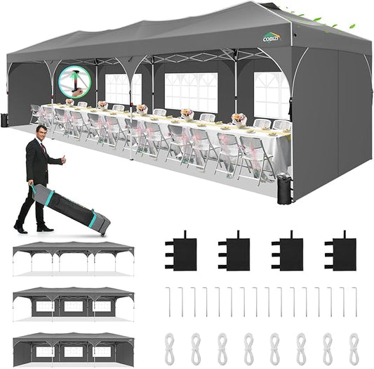 COBIZI 10x30 Pop Up Canopy Tent with 5 Removable Sidewalls, Easy Up Canopy 3 Adjustable Heights, Waterproof UPF 50+, Gazabo 10x30 Outdoor Tent for Garden Wedding Party with Roller Bag, Grey