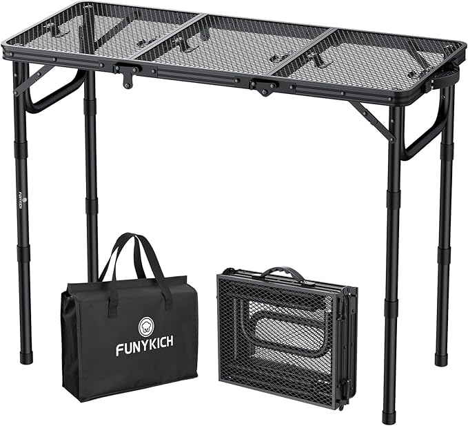 FUNYKICH 3ft Folding Grill Table for Outside 34.2''x15.7'', 3 Height Adjustable Portable Camping Tables, Lightweight Metal Aluminum Outdoor Table with Carry Handle for Camping, Picnic, BBQ, Black