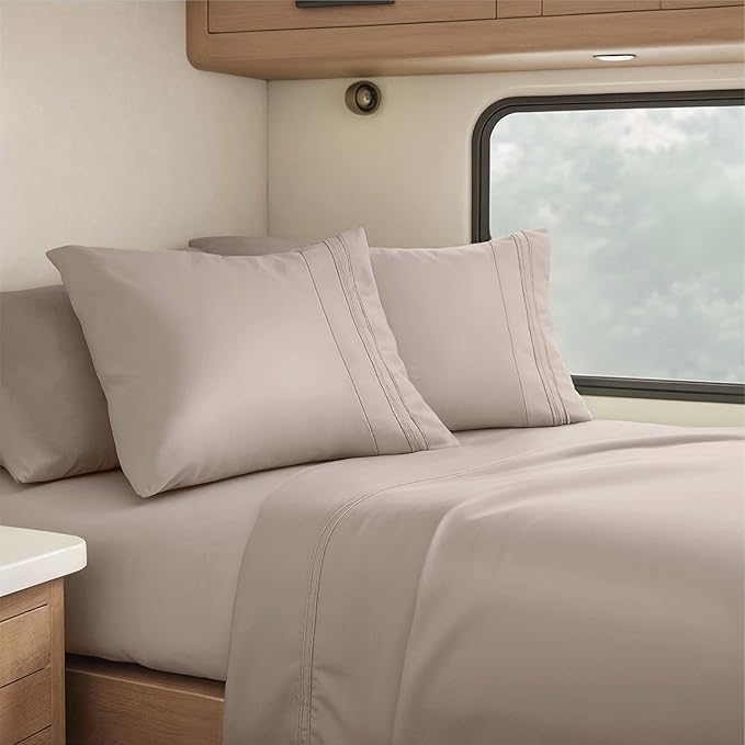 Hearth & Harbor Short Queen Sheets for RV, Linen RV Queen Sheets, Silky Soft 1800 Microfiber Bed Sheet for Camper, 4 Piece RV Bedding with Pillowcases