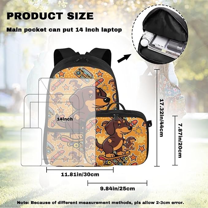 HUGS IDEA Skater Dachshund Bookbag for Girls Elementary School Cute Kids Bookbag with Lunch Box 17 Inch School Bag for Girls 4-6 Lightweight Book Bags Satchel Back Pack for Kids