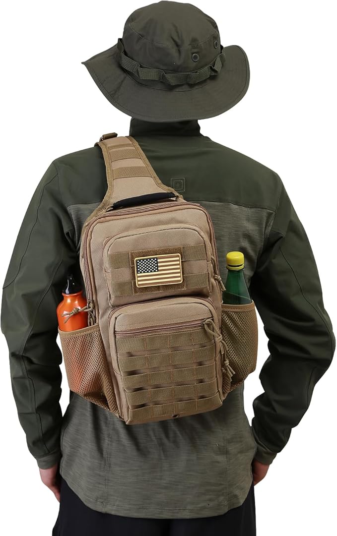 Rover Sling Pack Tactical Shoulder Sling Bag Backpack with Bottle Holder Crossbody Chest Bag, Coyote