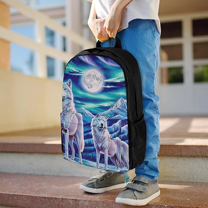 Supdreamc Rucksack Anti-Theft Multipurpose Big Capacity Carry On Bag, Wolves Moon Aurora Art Traveling Camping Backpack With Side Pockets