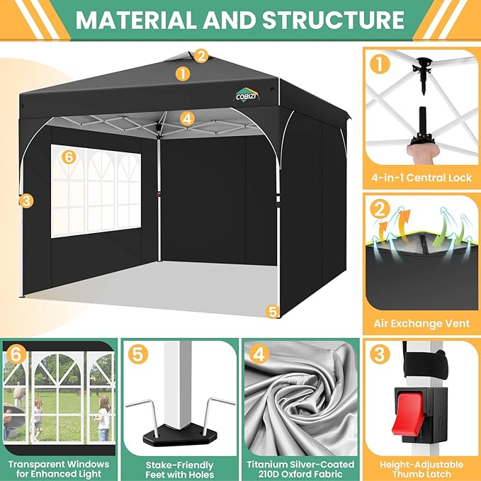 COBIZI 10x10 Pop up Canopy, Canopy Tent 10x10 with 3 Sidewalls, 1 Person Easy Set up,Tents for Parties, Outdoor Tent with Fluorescent Strip & 4 Sandbags, Waterproof, 3 Adjustable Height(Black)