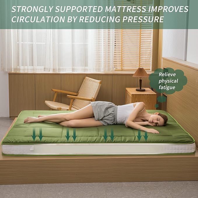 MAXYOYO Futon Mattress, Japanese Floor Mattress Quilted Bed Mattress Topper, Extra Thick Folding Sleeping Pad Breathable Floor Lounger Guest Bed for Camping Couch, Green, Twin