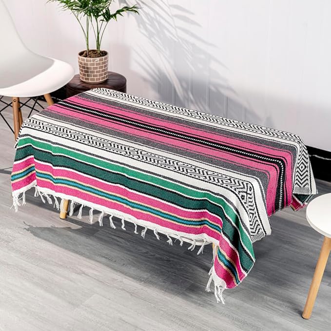 Airooglee Large Mexican Blanket - Perfect as Yoga, Outdoor, Beach, Serape, Picnic, Camping Blanket - Boho Home Decor (Rose-Blue)
