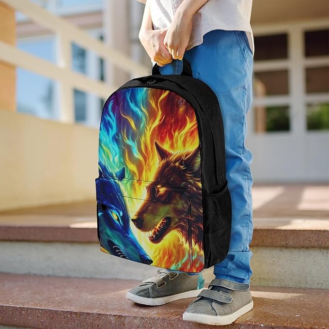 Supdreamc Men Women Polyester Ice And Fire Flaming Cool Wolf Daypack Big Capacity Shoulder Bag With Smooth Zippers for Hiking Work Walking Cycling