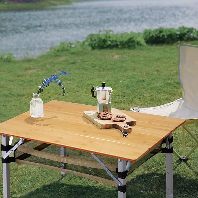 Bamboo Folding Camping Table 4 Folds with Adjustable Aluminum Legs Portable Picnic Table with Storage and Carry Bag for Outdoor Hiking Beach 2-4 Person