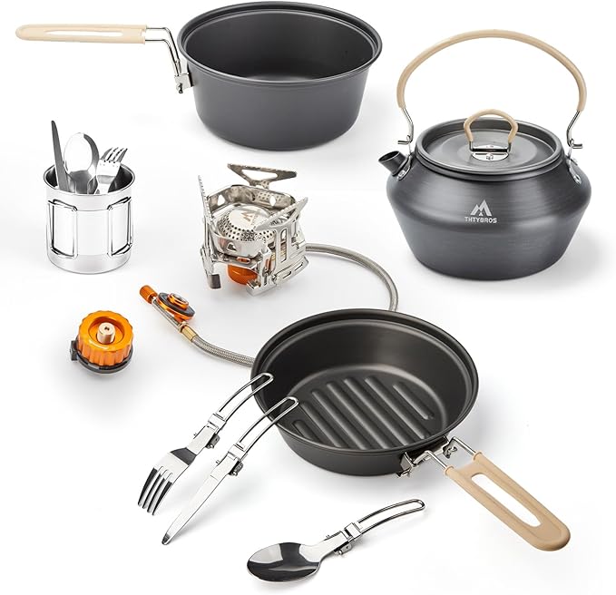 17pcs Camping Cookware Kit, 0.45Gal Pot, 7inches Pan,0.30Gal Kettle Set with 2 Set Stainless Steel Cups Plates Forks Knives Spoons for Hiking