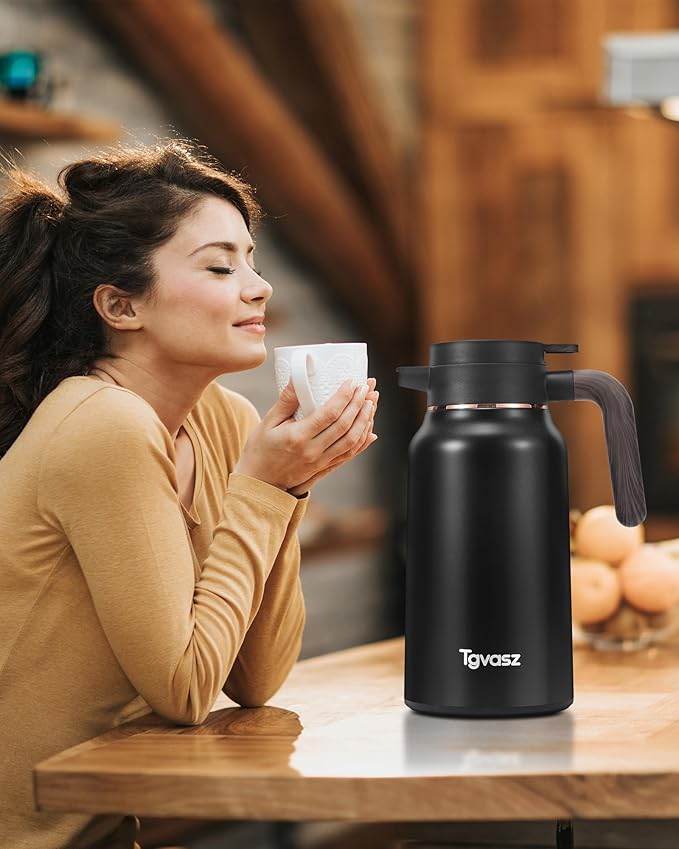 2 PCS Thermal Coffee Carafe 70 oz - 36 Hour Hot Stainless Steel Carafes for Hot Liquids-Insulated Coffee Carafes For Keeping Hot/Cold Coffee, Tea, Water, Drink Dispenser for Parties(Black/Black)