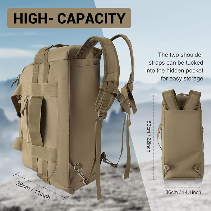 35L Large Duffle Bag, 3-in-1 Tactical Backpack MOLLE Pack for Sports/Gym/Outdoor, Coyote