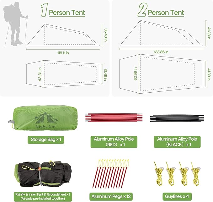 Night Cat Ultralight Tunnel Tent: Waterproof Lightweight Two People Backpacking Tent for Outdoor Camping Hiking Treeking with Double Layers Aluminum Poles and Footprint
