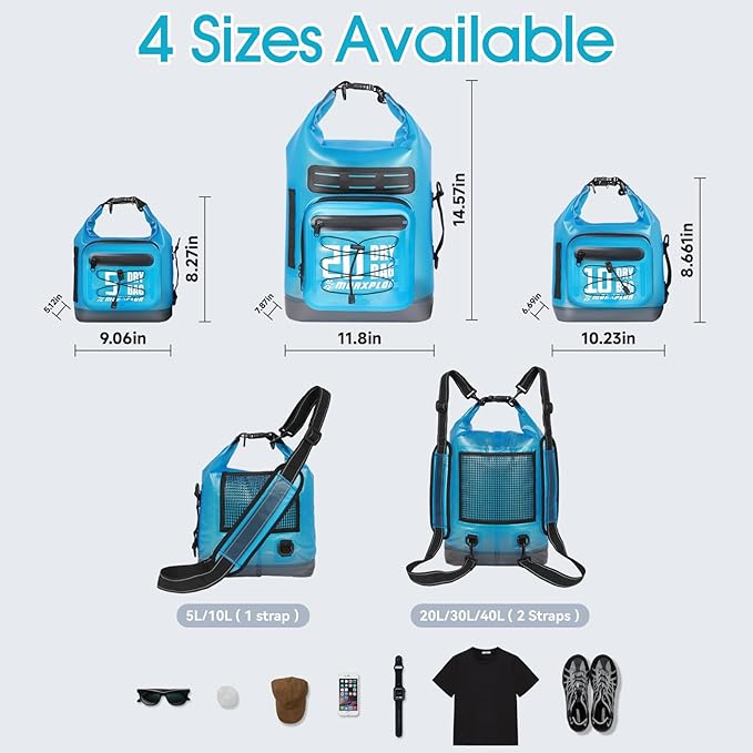 Dry Bag Waterproof,5L/10L/20L/30L Roll Top Dry Bag Backpack with WaterProof Phone Case for Swim,Kayak(Transparent Blue 10L)