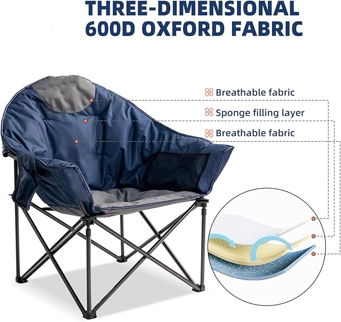 Oversized Camping Chair with Cup Holder & Carry Bag - 500lbs Heavy Duty Moon Saucer Chair for Outdoor, Lawn, Sports, Patio - Padded Folding Sofa Chair, Blue & Gray