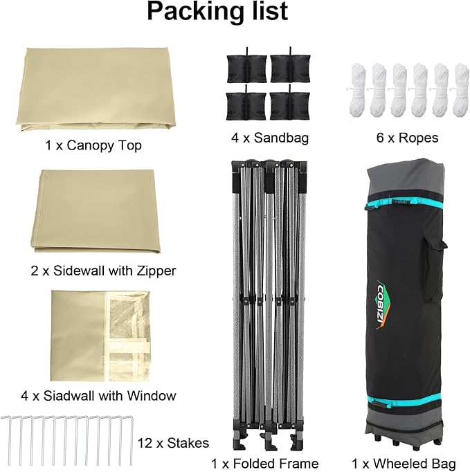 COBIZI 10x20 Pop up Canopy Tent 10x20 Canopy with 6 Sidewalls Waterproof Heavy Duty Gazebo Commercial Canopy Tent for Parties Outdoor Gazebo, Carry Bag with Wheel(10x20ft, Khaki)