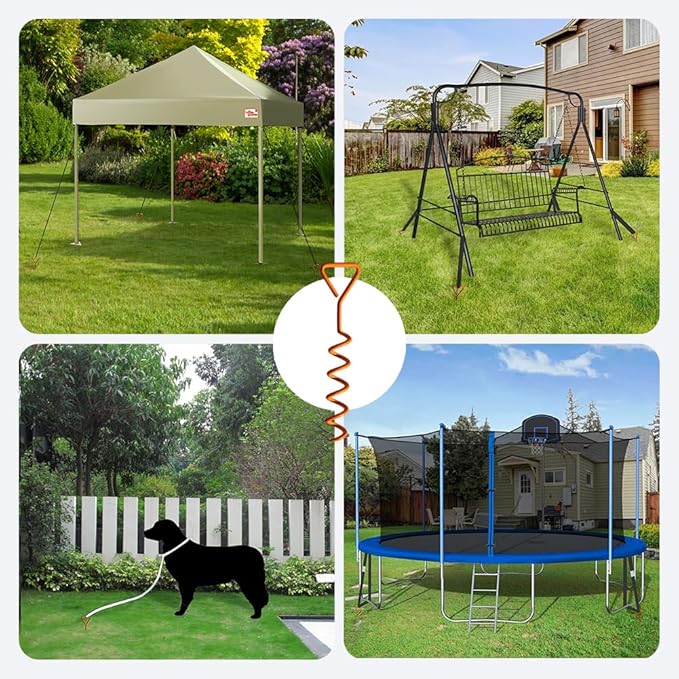 Trampoline Stakes Tent Garden Stake Heavy Duty Trampoline Parts Tent Canopies, Carports,Swing Sets Stake Corkscrew Shape Steel Stakes Anchor Kit,Bonus 6 Strong Belt,Black
