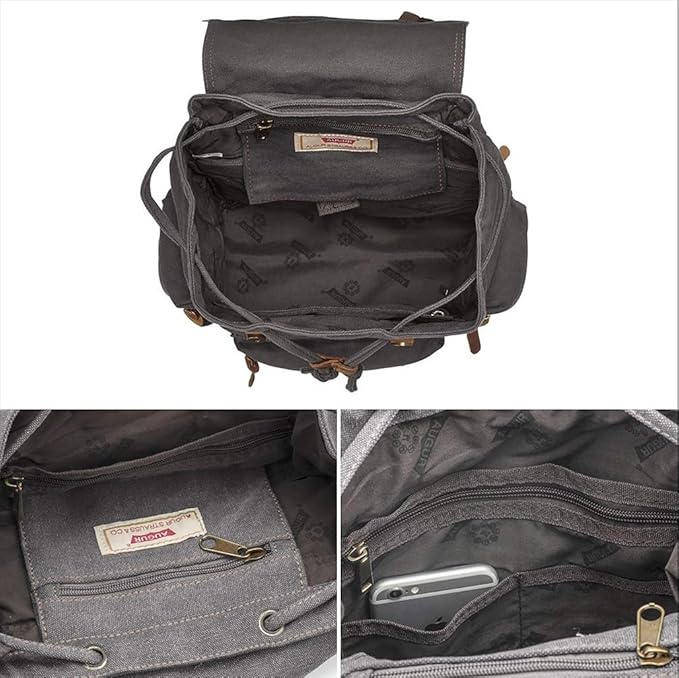 HuaChen Vintage Canvas Travel Backpack with Leather Trim, Laptop Padded Sleeve, Hidden Back Security Pocket, Fits 15-Inch, M32 Gray Large