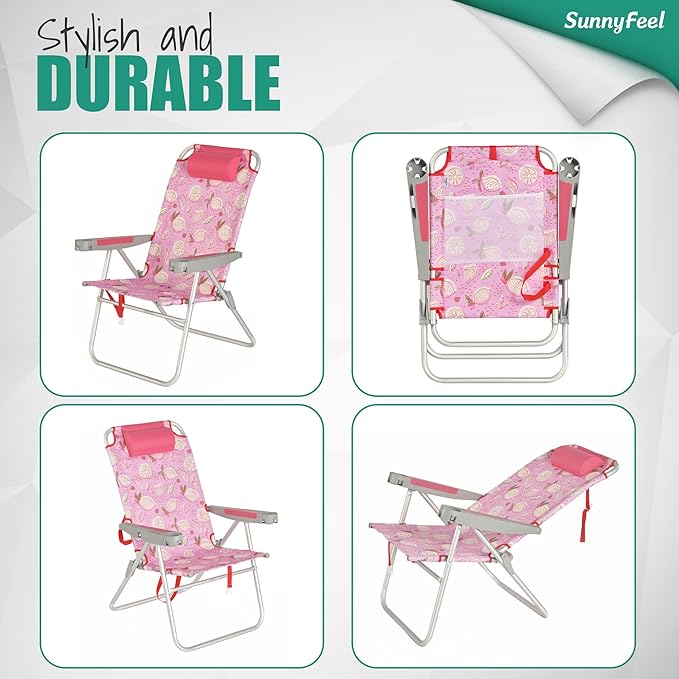 SUNNYFEEL 17" Tall Oversized Beach Chairs 2 Pack for Adults Heavy Duty 500 LBS, 5 Position, Portable High Folding Camping Chair with Cup Holder for Outdoor/Lawn/Trip, Foldable Sand Chairs for Adults