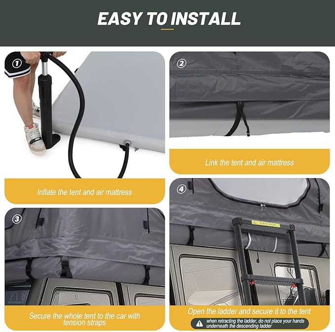Nice C Inflatable Rooftop Tent with Air Mattress & Ladder, SUV Truck Car Tent for Camping, Easy Setup Pop-Up Camping Car Roof Tents with Pump, Waterproof Windproof Overland Tents (Black&Grey)