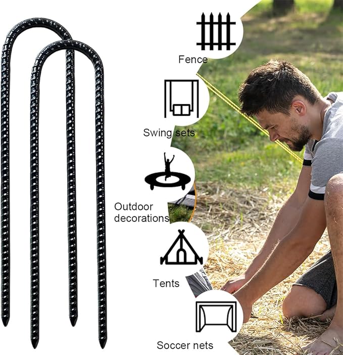 U Shaped Rebar Stakes 12 Inch Heavy Duty Ground Anchors Metal Stake Trampoline Wind Stakes for Camping Tent Security 4 Pack