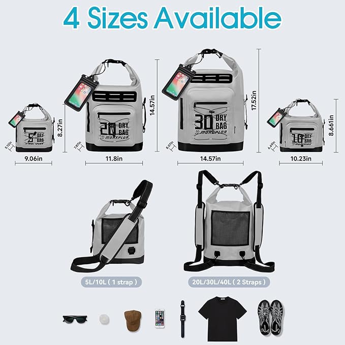 Dry Bag Waterproof,5L/10L/20L/30L Roll Top Dry Bag Backpack with WaterProof Phone Case for Swim,Kayak(Light Grey 20L)