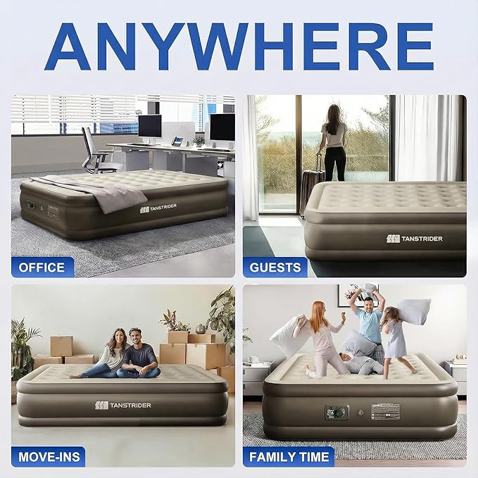 Queen Air Mattress with Built in Pump,18" Raised Blow up Air Bed,3 Mins Quick Self-Inflation/Deflation, Inflatable Mattress for Camping/Home/Guests/Travel (Brown)