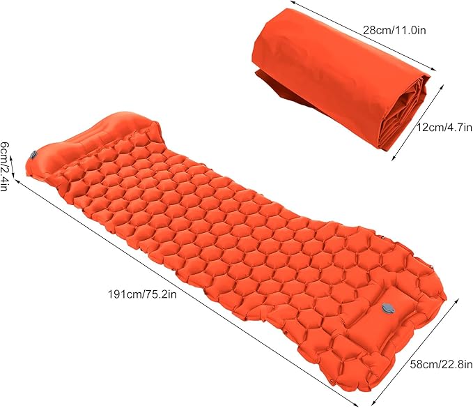 Inflatable Camping Sleeping Pad Mat, Ultra Lightweight Air Cushion Mattress for Tent Hiking Travel, 2 Way Valve Design with 40D Nylon Fabric and TPU Laminate, Compact Foldable (Orange)