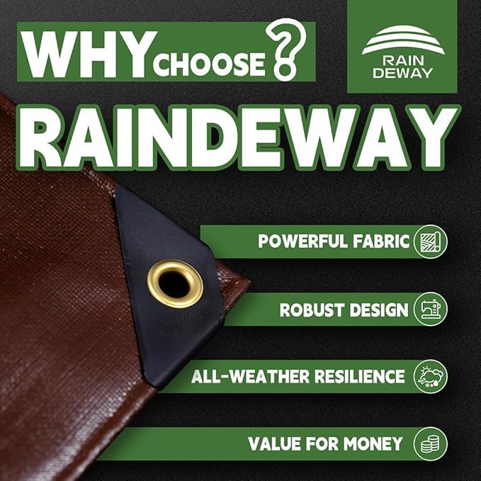 RAINDEWAY 5x6 Feet Super Heavy Duty 18 Mil Brown Poly Tarp Cover, UV Resistant, Weatherproof, Multipurpose Waterproof Poly Tarp with Grommets and Reinforced Edges