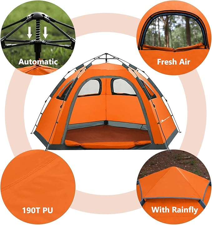 MOON LENCE Pop Up Camping Tent, 3-4 Person Portable Automatic Instant Tent Windproof for Camping, Hiking, Mountaineering