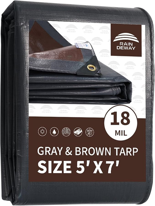 RAINDEWAY 5x7 Feet Super Heavy Duty Tarp 18 Mil, UV Resistant, Weatherproof, Multipurpose Waterproof Poly Tarp with Grommets and Reinforced Edges, Brown/Gray Tarps