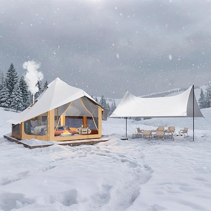 SPECRAFT Canvas Bell Yurt Tents & Inflatable Tent for Camping, Waterproof Glamping Tent with Stove Jack, Breathable Mesh, Snowproofing Spacious 4-Season Family Shelter for Outdoor, Camping, Parties