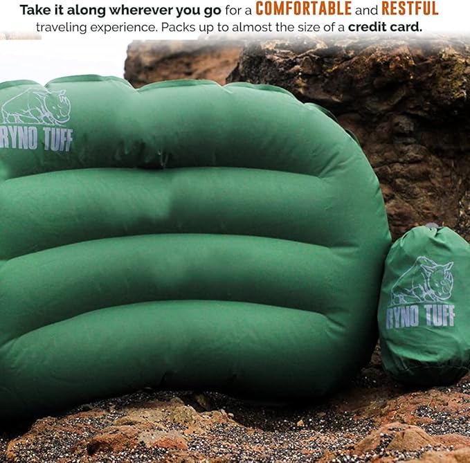 Inflatable Nylon Outdoor Camping Pillow For Neck Lumbar Support - Insulated Lightweight Inflatable Travel Pillow For Camping, Backpacking, Hiking & Traveling - Compact Carrying Case Included