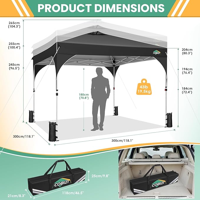 COBIZI 10x10 Pop up Canopy, Canopy Tent 10x10 with 3 Sidewalls, 1 Person Easy Set up,Tents for Parties, Outdoor Tent with Fluorescent Strip & 4 Sandbags, Waterproof, 3 Adjustable Height(Black)