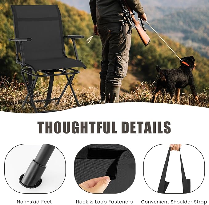 LDAILY Moccha Hunting Chair, 360° Swivel Blind Chair w/Armrest & Mesh Back, Non-Slipping Pads, Sturdy Metal Frame, 330LBS Capacity, Portable and Silent Folding Hunting Chairs for Blinds (Black)