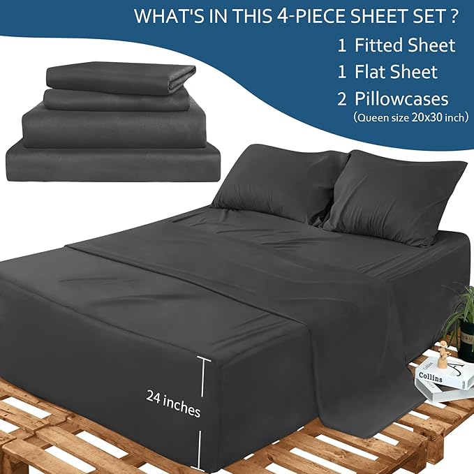 Moonsea Deep Pocket Twin Sheets Set for Kids Air Mattress - Extra Deep Pocket Twin Sheet Sets - 4 Piece Bed Set Fade Resistant Fits 16in to 24in Pillow Top Air Bed Mattress (Black)