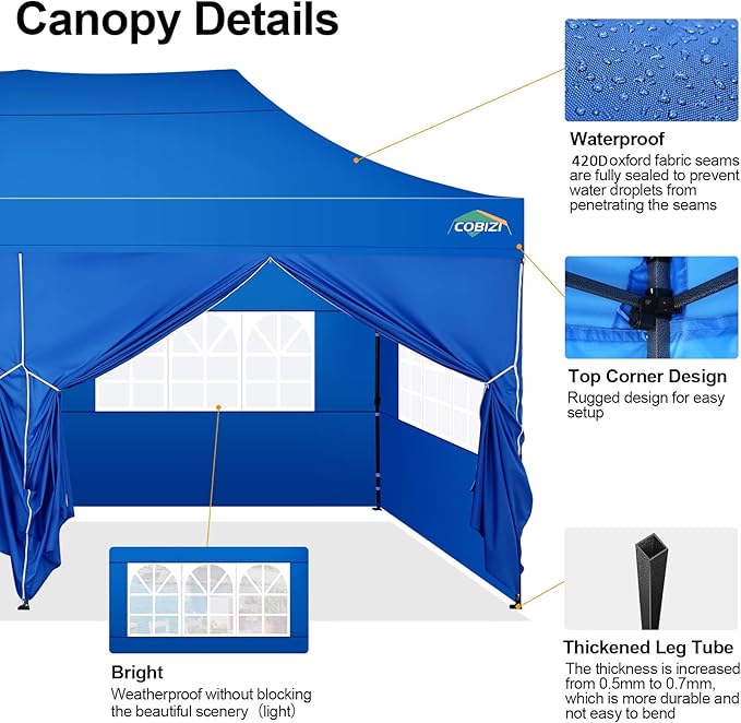 COBIZI 10x20 Pop up Canopy Tent 10x20 Canopy with 6 Sidewalls Waterproof Heavy Duty Commercial Canopy Tent for Parties Outdoor Garden Gazebo, Carry Bag with Wheel(10x20ft, Blue)