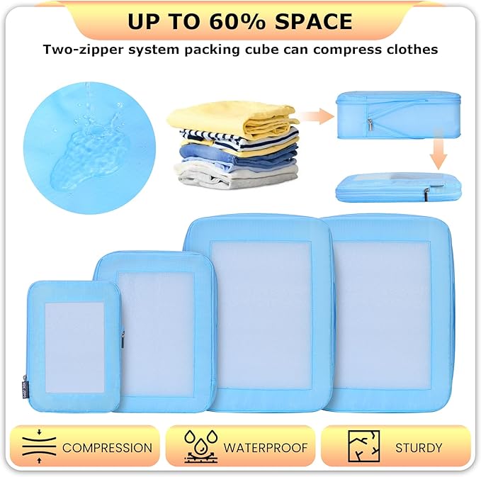 4 Set Ultralight Compression Packing Cubes Travel for Suitcases ,Compressible Mesh Packing Cubes for Travel Women Packing Organizers (Blue)