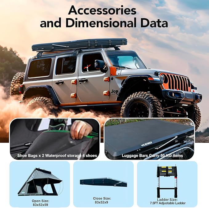 Rooftop Tent Hardshell, 2-3 Person Camping Car Roof Top Tent Hard Shell Suitable for Jeep, SUV, Truck, Van