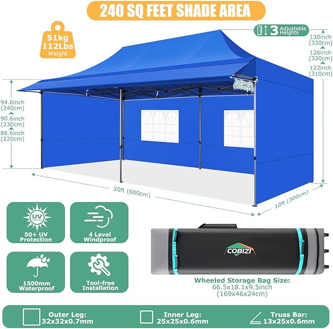 COBIZI 10x20 Pop Up Canopy Tent with Awning,Heavy Duty Canopy UPF 50+ All Season Wind Waterproof Commercial Outdoor Street Vendors Party Tents for Parties Canopy with Roller Bag(10 x 20 ft Blue)