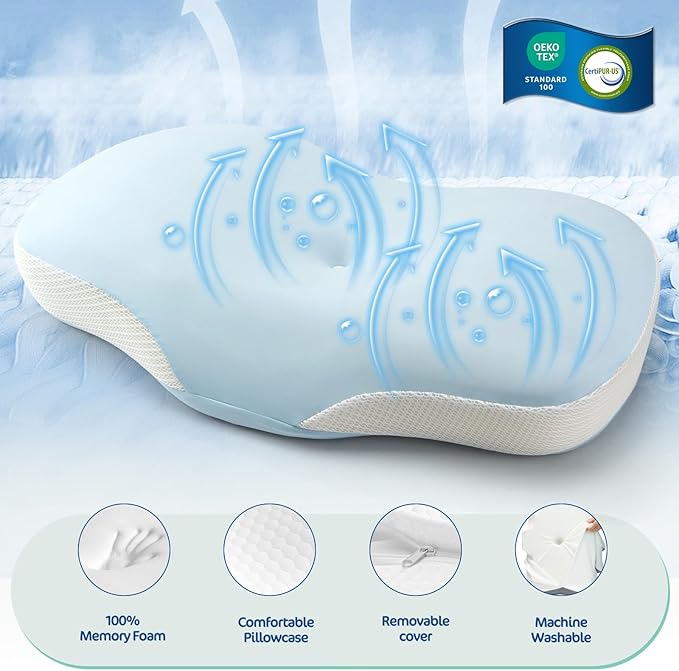 Ergonomic Cervical Pillow, Contour Design for Side & Back Sleepers, Memory Foam Orthopedic Cervical Shape Gently Cradles Head & Provides Neck Support & Shoulder Pain Relief (Blue)