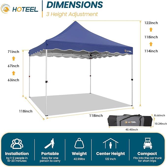 HOTEEL 10x10 Pop Up Canopy, Easy Setup Party Tent with Carry Bag, Weight Bag, Outdoor Portable Event Shelter for Backyard, Market, Navy