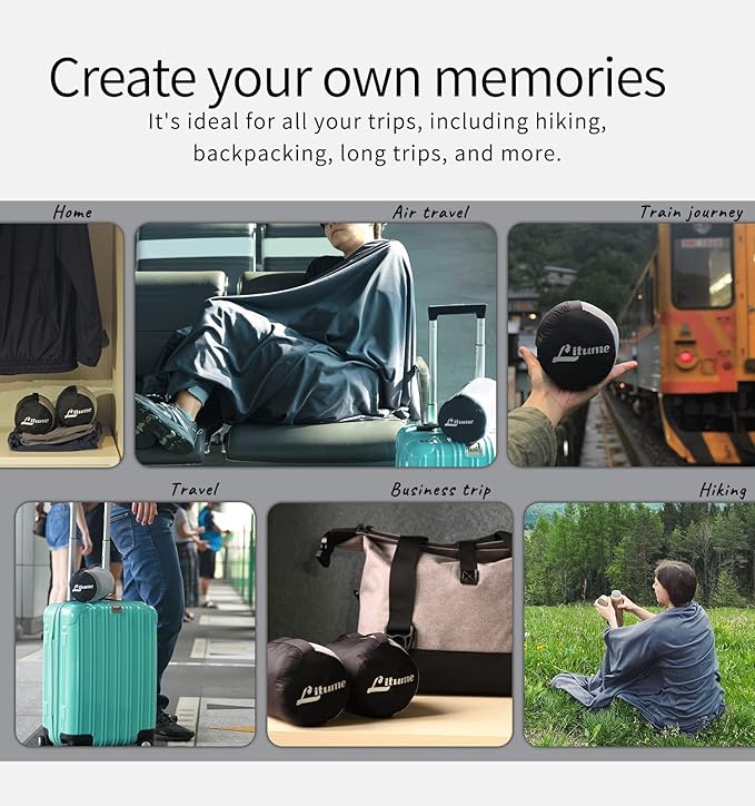 Litume Travel Blanket Lightweight and Breathable, 67 x 48 in Soft Airplane Flight Blanket for Travelers, Foldable Camping Sheet with Stuff Sack for Train, Camp, backpacking, office, home (Velvet E650)