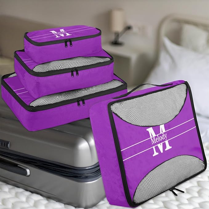 Personalized Packing Cubes, Set of 4 with Zipper Handles, Custom Name Initial Letter Travel Suitcases Luggage Packing Organizers, Initial Letter