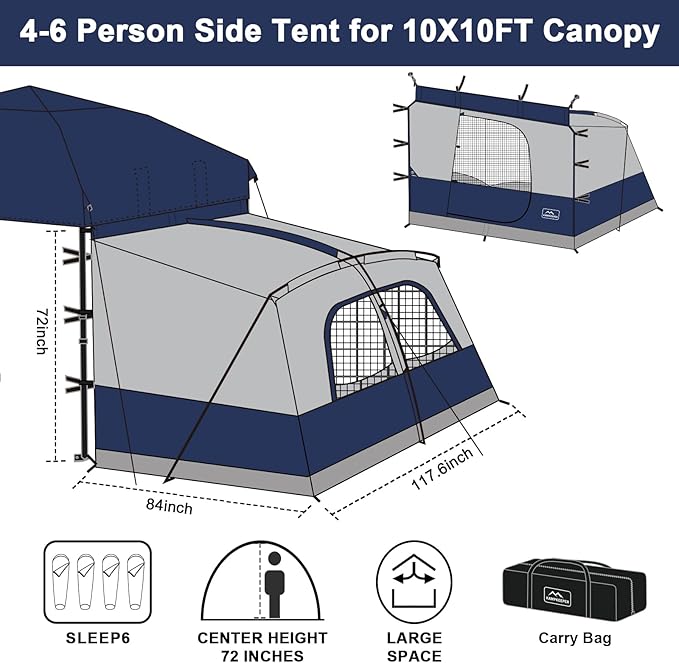 KAMPKEEPER Canopy Side Tent,4-6 Person Camping Cube Tent for 10x10 Pop Up Canopies,Easy Up Gazebo with Window,Compatible with 10' Wide Canopy Tents