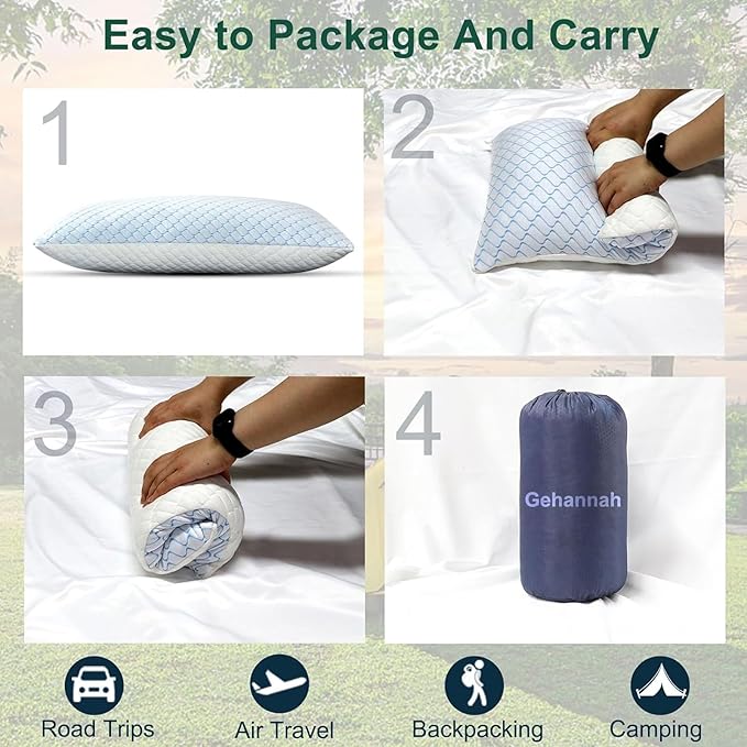Gehannah Travel Pillow - Large 1 Pack Compressible Camping Pillow for Sleeping - Shredded Memory Foam with 1 Storage Bags - Supportive for Adults, Kids, Outdoor, Backpacking, Hiking Gear