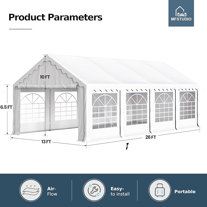 MFSTUDIO 13x26 Party Tents, Outdoor Heavy Duty Tents for Parties with Removable Sidewalls, Canopy Events Tent Shelter for Outdoor Wedding Birthday Backyard, White