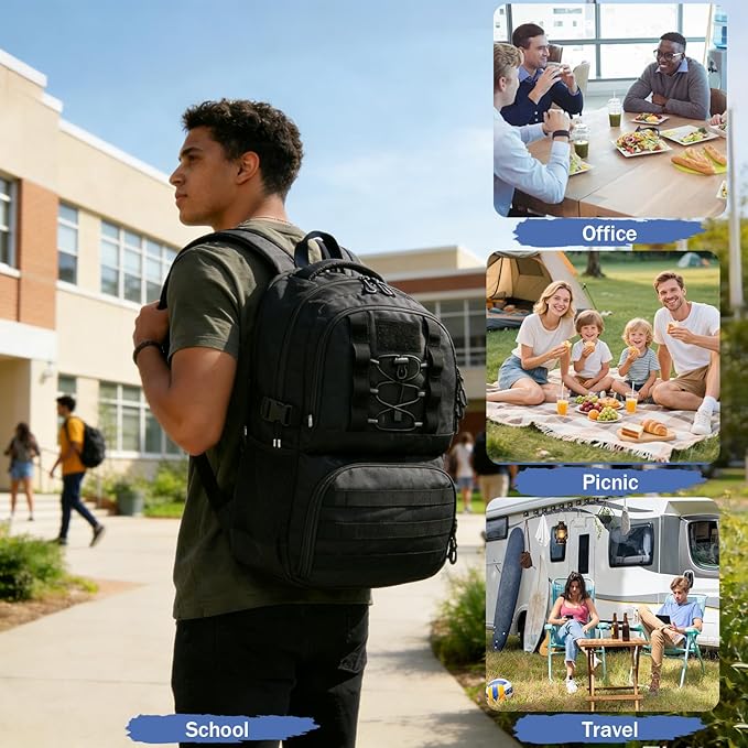 Laptop Lunch Backpack for Men - 50L Large Capacity Insulated Cooler Backpack with Lunch Compartment and USB Post, RFID Work Backpack for Work, Travel, Picnic, Black