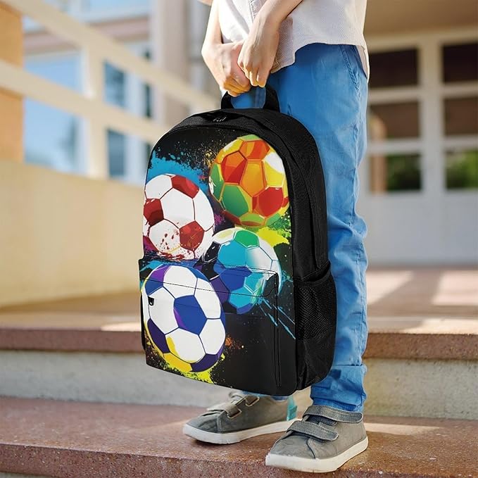 Supdreamc Men Women Lightweight Colorful Paint Splash Ink Soccer Ball Football Black Backpack Large Capacity Bookbag With Smooth Zippers for Gym Business Running
