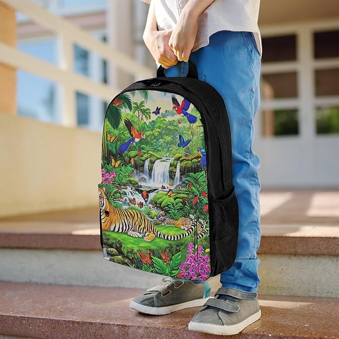 Supdreamc Shoulder Book Bags Anti-Theft Multipurpose Big Capacity Bookbag, King Of The Tiger Tropical Rainforest Landscape Jungle Parrot Birds Travel Hiking Backpack With Smooth Zippers